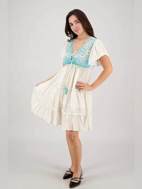 25151 Boho Embroidered V‑Neck Dress in Cream and Aqua
